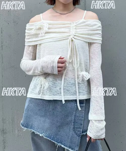 Japanse Niche Ontwerp Retro Zachte Stijl Zoete Boog Lange Mouw T-shirt Vrouwen Herfst Nieuwe Onregelmatige Off-Shoulder Top t-shirt