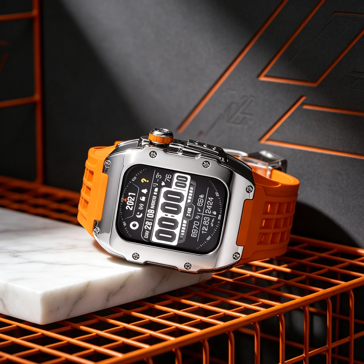 

Комплект для модификации Apple Watch 44 мм/45 мм: ремешок из фторкаучука/резиновый браслет со стальной застежкой, чехол из поликарбоната для IWatch Series 9, 8, 7, 6