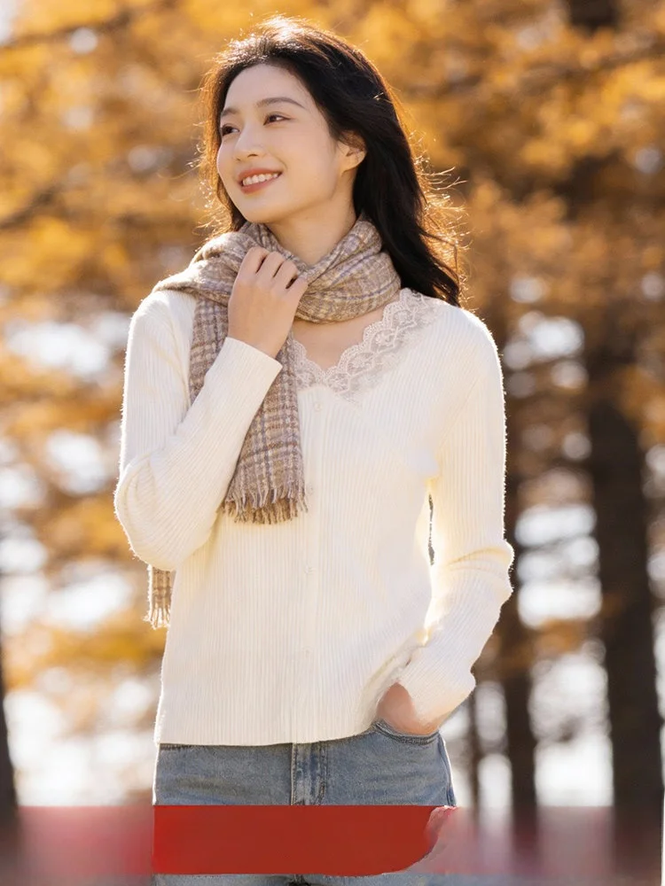 

Slimming Lace V-Ne Knitwear Sweater Women's Inner Wear Spring 2026 New Sle Korean Sle Loose Fit Long Sve Winter