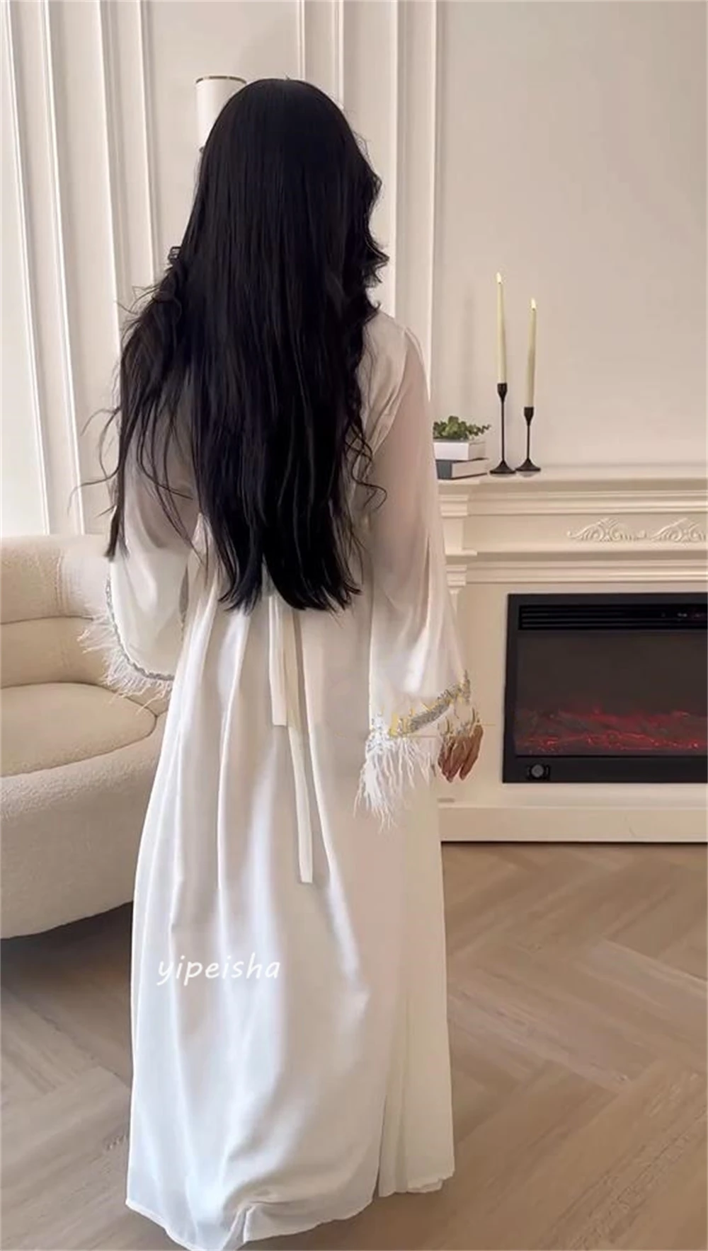 Prom Dress Saudi Arabia Formal Modern Style Evening V-Neck A-line Beading Feathers Ankle-Length Chiffon Dresses