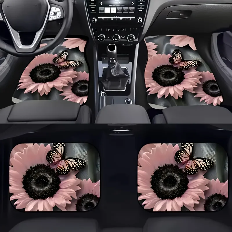 Sunflower Pattern Universal Car Floor Mats: Durable Polyester, Non-Skid Rubber Backing For Enhanced Safety And Protection