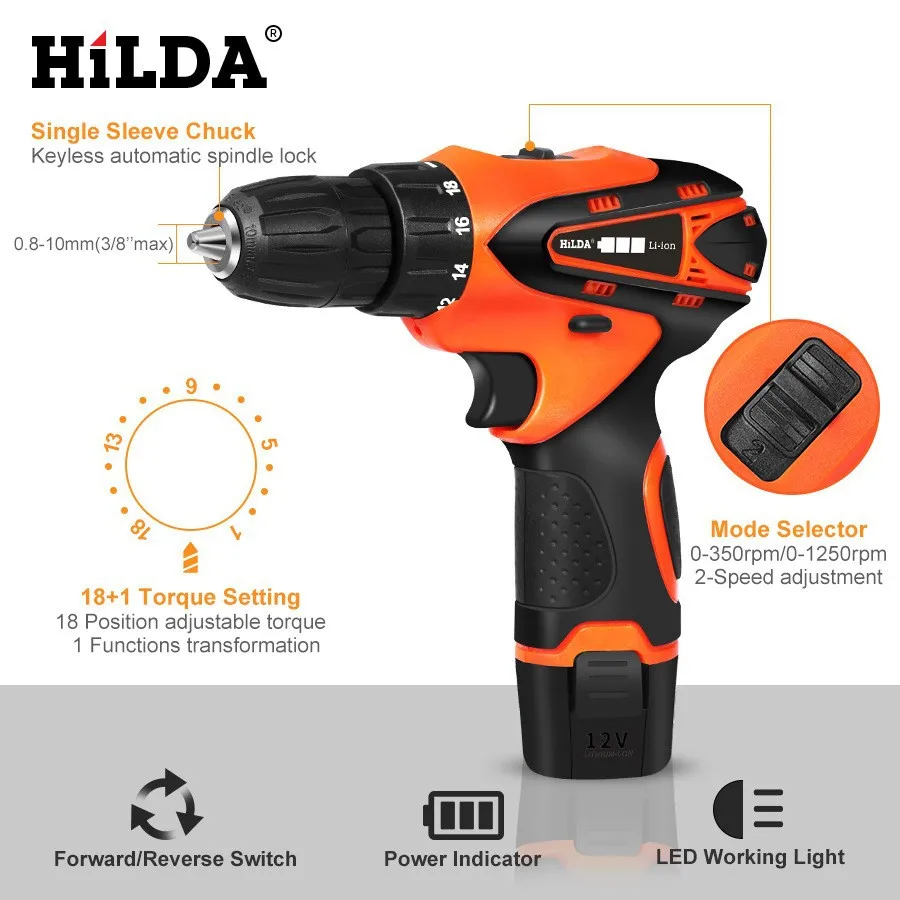 Imagem -04 - Hilda-furadeira Elétrica sem Fio Chave de Fenda 12v Carpintaria Bateria de Iões de Lítio Velocidades Mini Led Ferramentas Elétricas