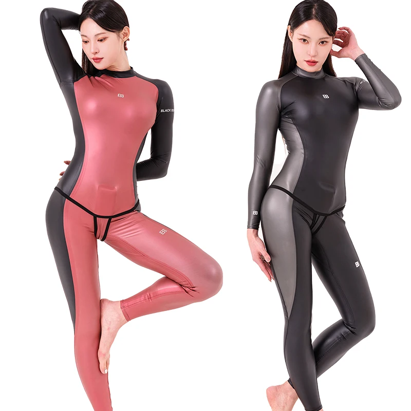 Metallic Shiny Split Wetsuit Long Sleeve Pants High Stretch Waterproof Warm Surf Freediving Jellyfish Suit see through swimsuit