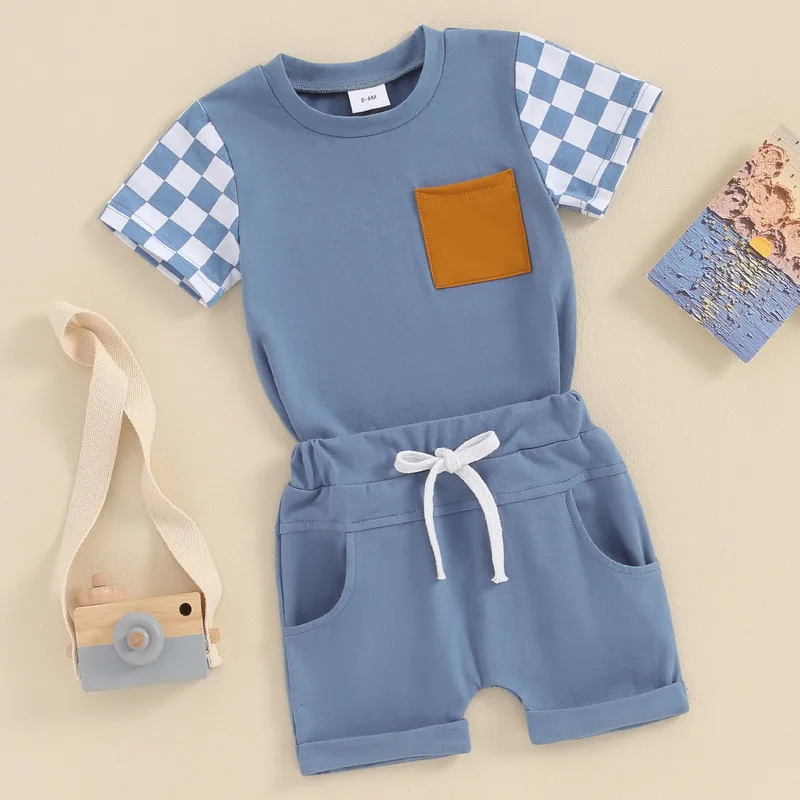 

Toddler Boys Summer Shorts Sets Short Sleeve Checkerboard Print Tops and Drawstring Shorts Sets