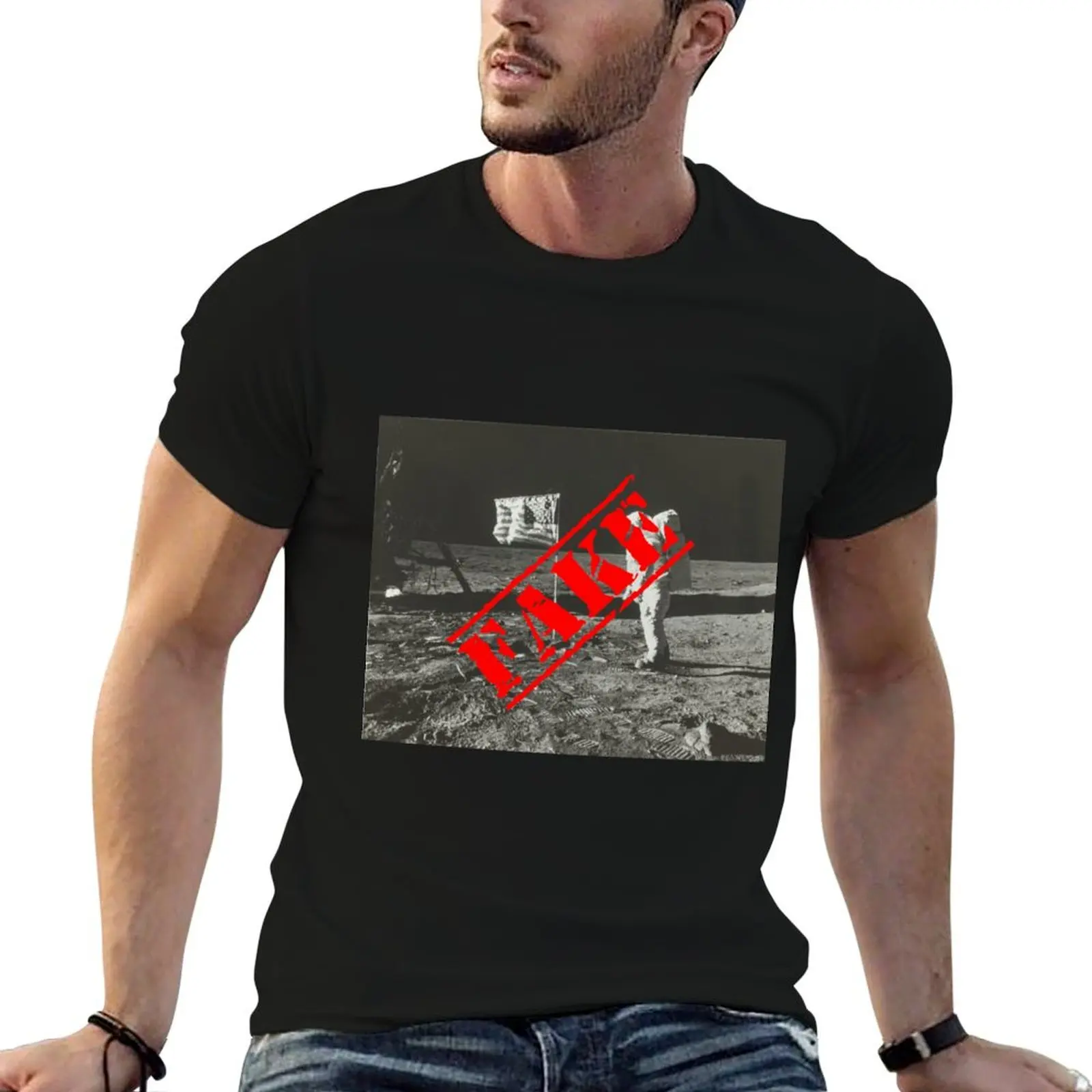 Fake Moon Landing: Buzz Aldrin on the Moon with American Flag T-Shirt Moisture Wicking Athletic T-Shirt