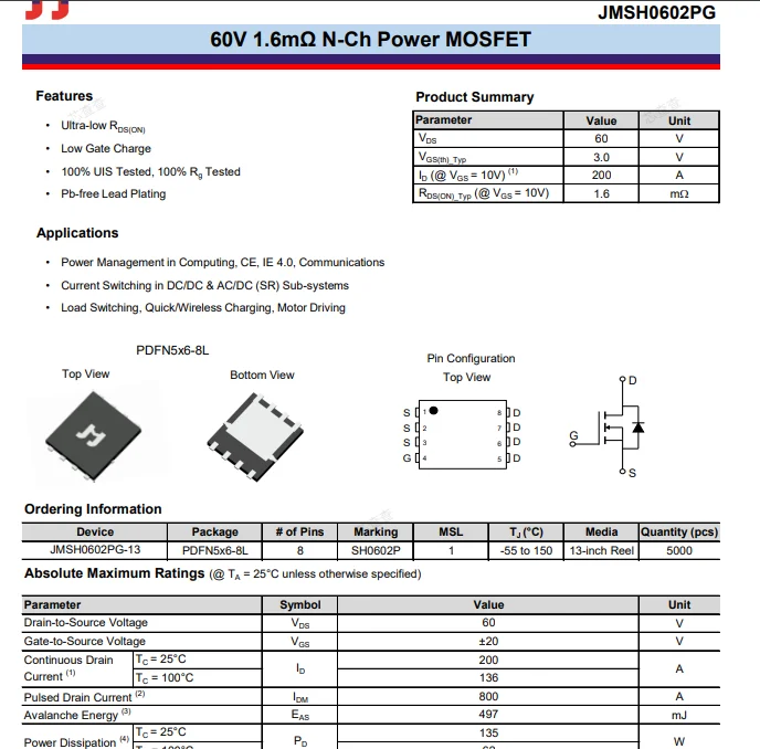 (10 pcs) JMSH0602PG-13 PDFN5x6-8L JMSH0602PG - N-Channel MOSFET 60V 200A 1.9mΩ H0602PG H0602P