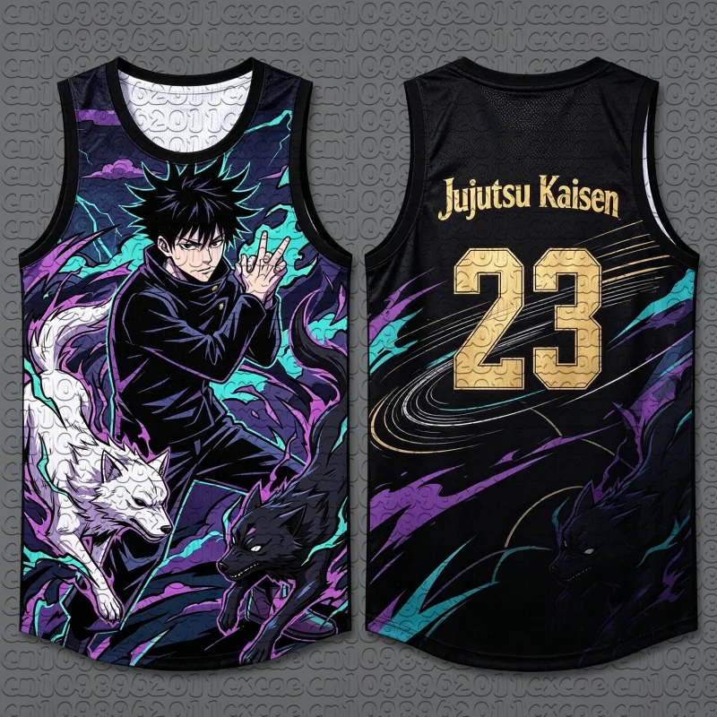 Unisex Summer Quick Dry Mesh Basketball Sleeveless Vest Anime Jujutsu Kaisen Megumi Fushiguro Twin Wolf Thunder Art Print Top