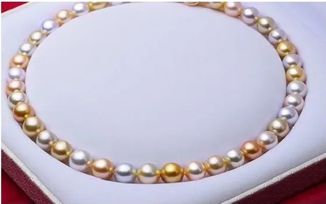 

18"9-10mm natural south sea genuine white gold pink round pearl necklace 925s