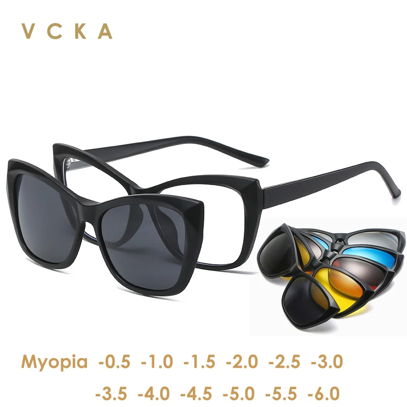 

VCKA Prescription Glasses For Myopia -0.5 to -10 Men Women Cat Eye Magnetic Sunglasses Clip Blue Light Blocking Shortsighted