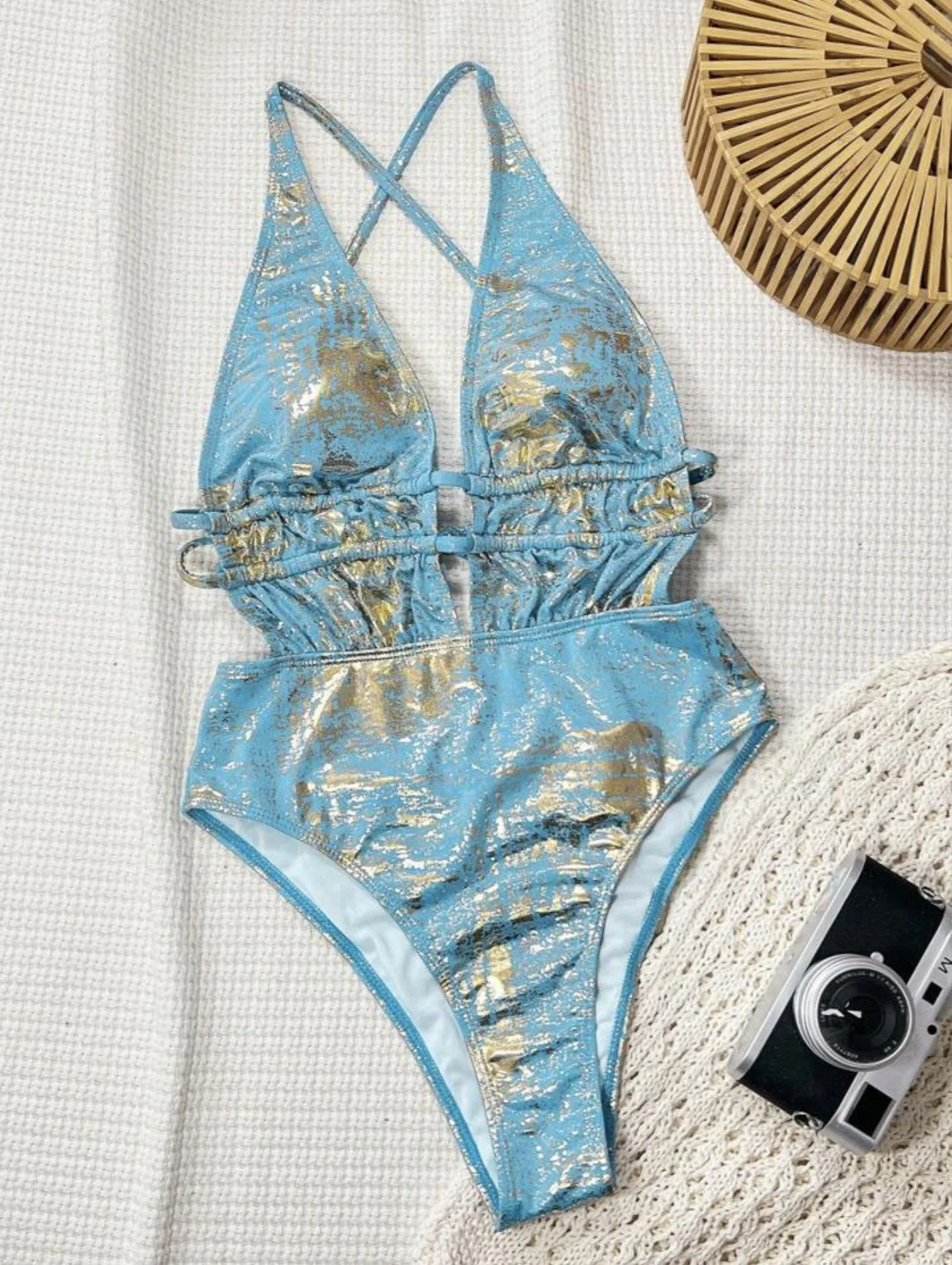 ชุดว่ายน้ำวันพีซแบบเว้าลึก ปรับเชือกได้ โมโนกินี ชุดบิกินี่เซ็กซี่ สไตล์ชุดว่ายน้ำฤดูร้อน สีฟ้า ชุดบอดี้สูทเว้าข้าง เสื้อชุดว่ายน้ำผู้หญิง