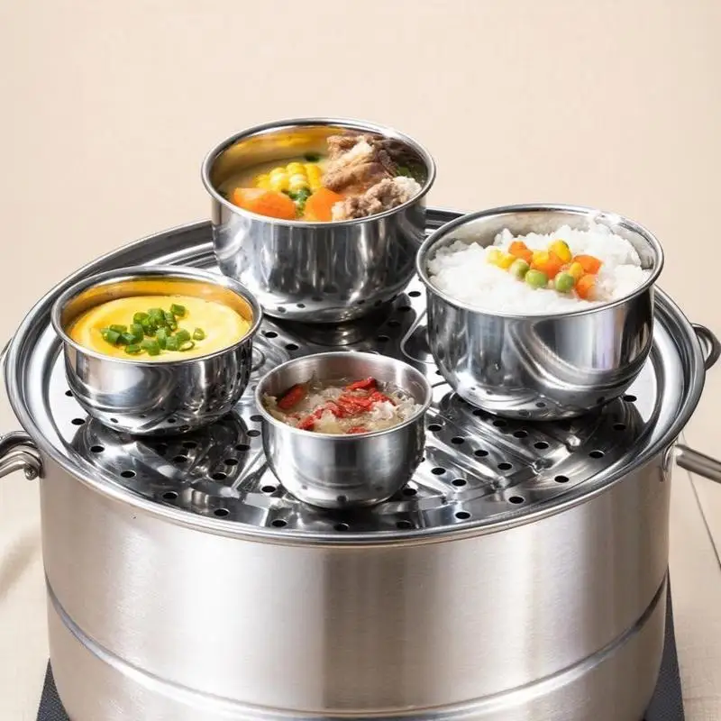 Stainless Steel Steaming Bowl Set Food Safe Perforated Bottom For Home Kitchen Steaming Rice Eggs Soups Desserts