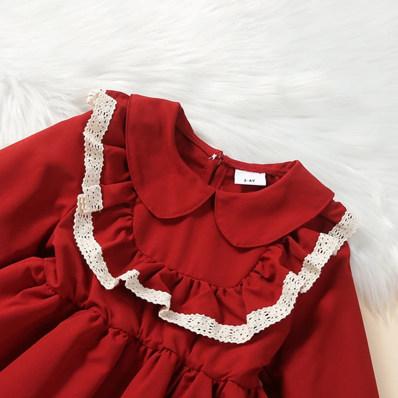 Robe de Noël pour enfants avec bordure en dentelle, manches longues, col claudine, mini robe froncée, col rond