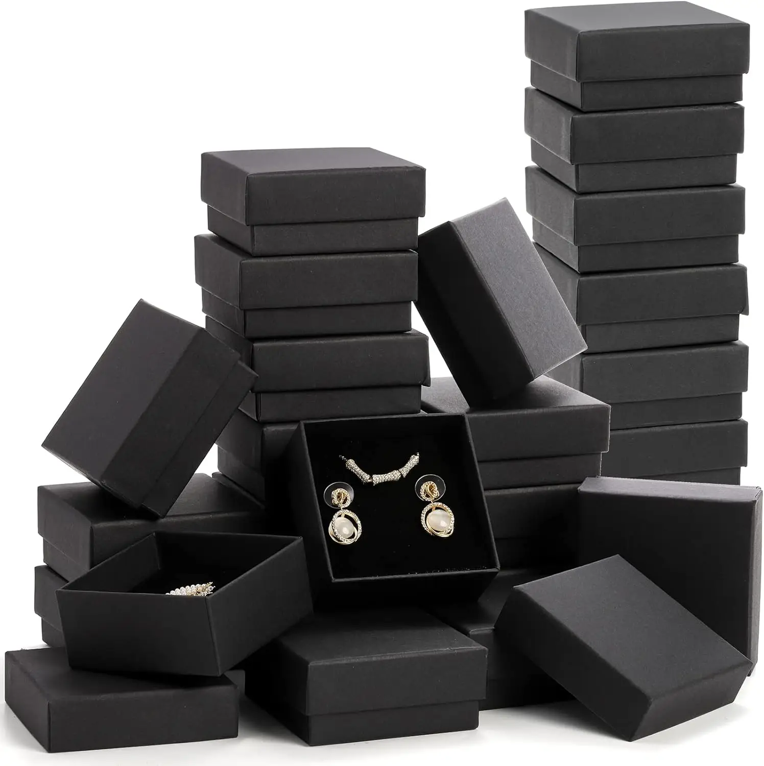 32Pcs-7x7x2.5cm Black Kraft Jewelry Gift Box Cardboard Ring Necklace Earring Packaging Organizer Boxes Case With Sponge Inside