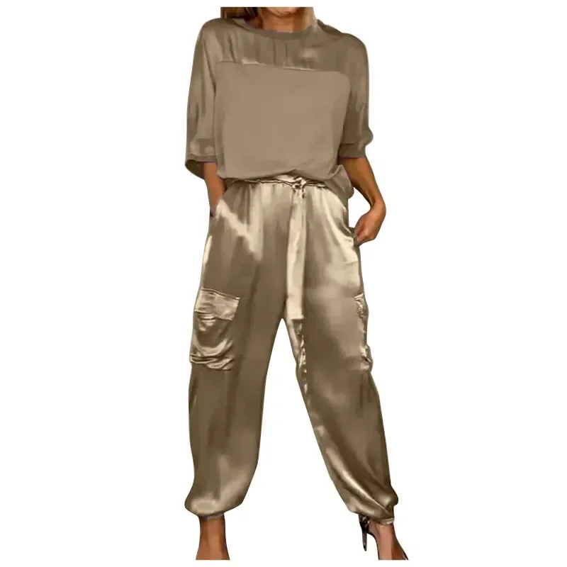 Women Spring Summer Fashion Solid Color Satin Two Piece Set Round Neck Long sleeved Top Long Pants Casual Loose Two Piece Set