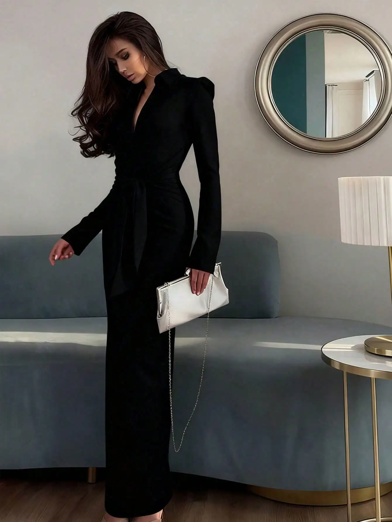 

Women's Black Long Sleeve Collared Wrap Dress with Waist Tie, Slim Fit, Autumn Winter