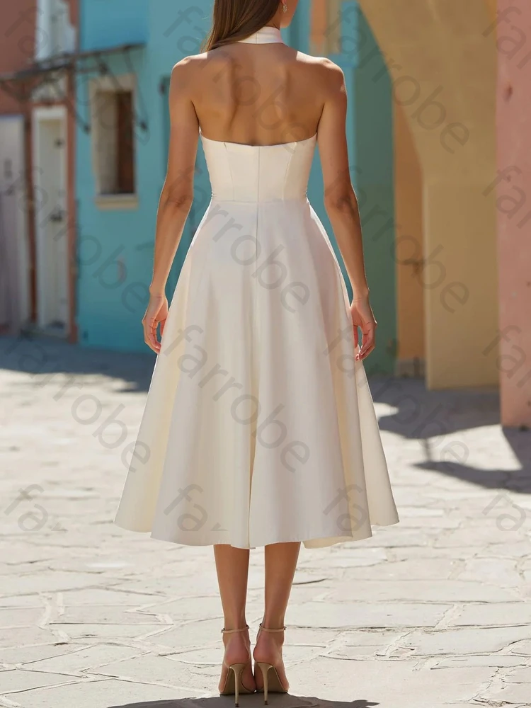 Elegant White Midi Halter A-Line Hollow Out Wedding Dresses Sexy Bridal Dress Exquisite High Quality Prom Party Gowns Customized
