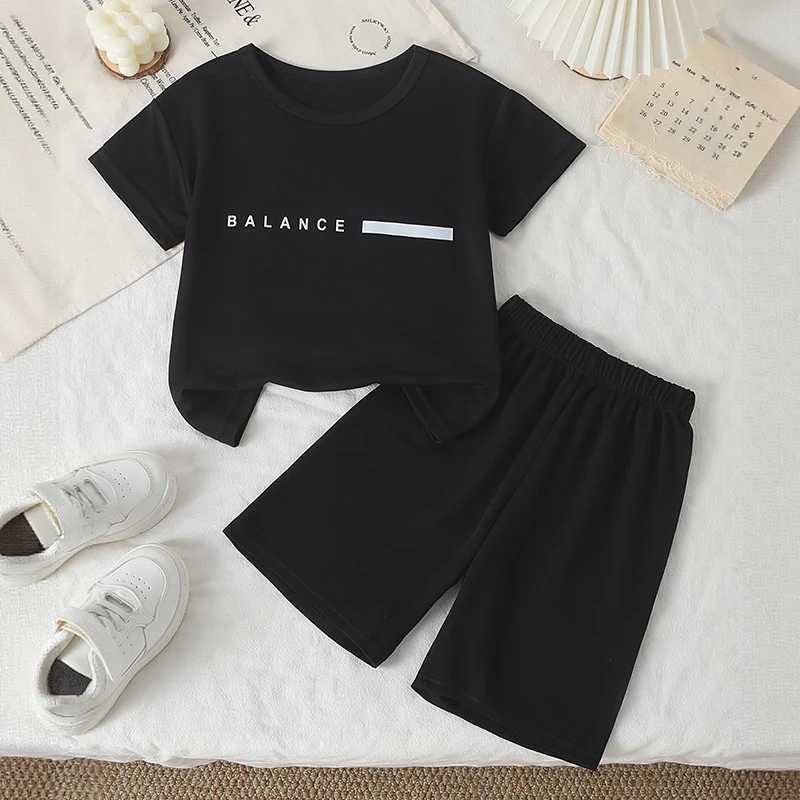 Conjunto deportivo multicolor de secado rápido con letras impresas para niños y niñas, pantalón corto informal de manga corta, primavera/verano, 2 piezas