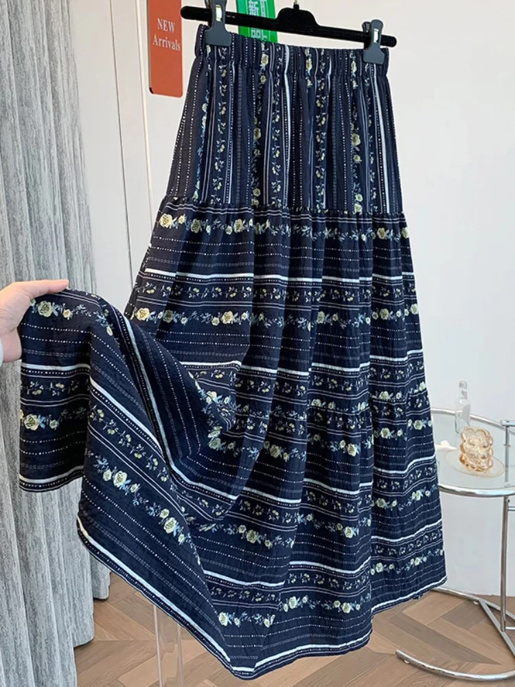 Elegant Floral Linen Knee-Length A-Line Skirt Women's Summer Vacation Casual Loose Fit High Waist Baked Cake Skirt