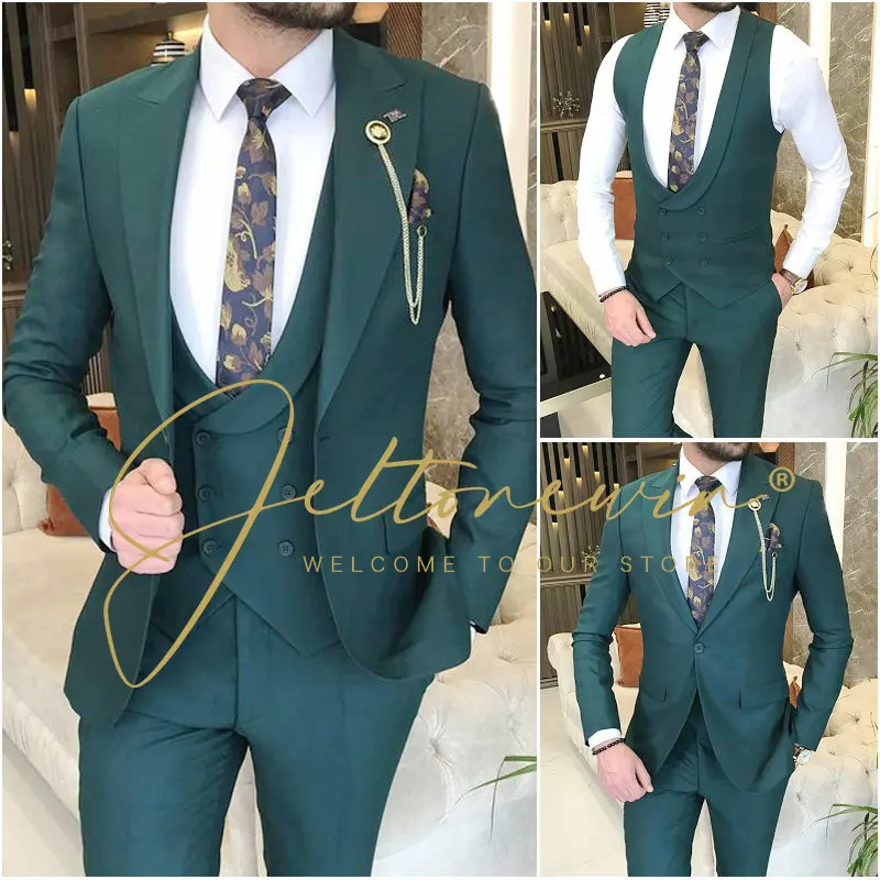 

Business Oil Green Peaked Lapel Slim Fit Men Suits 3 Pieces Tuxedos Terno Masculino Blazer Sets Groom Wedding Prom Costume Homme