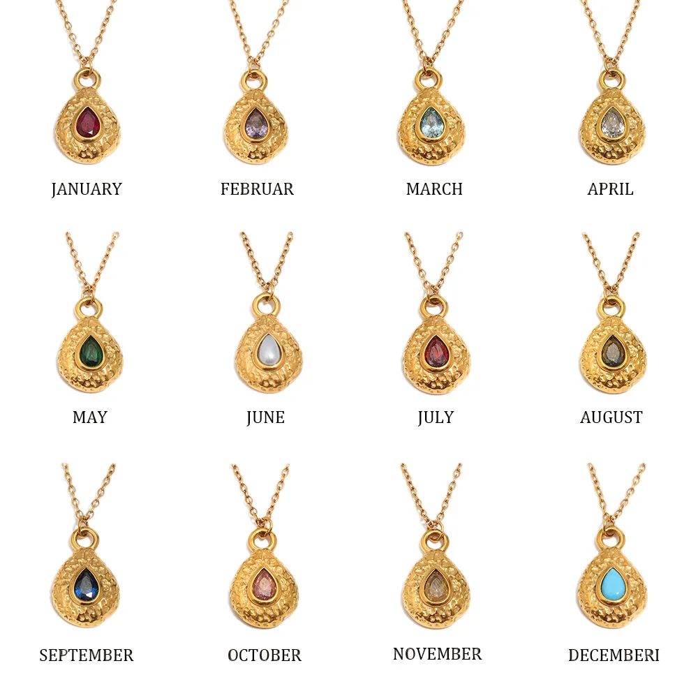 12 Months Birthstone Teardrop Pendant Necklace For Women Hammered Gold Stainless Steel Necklace Birthday Gift Monthly Crystal