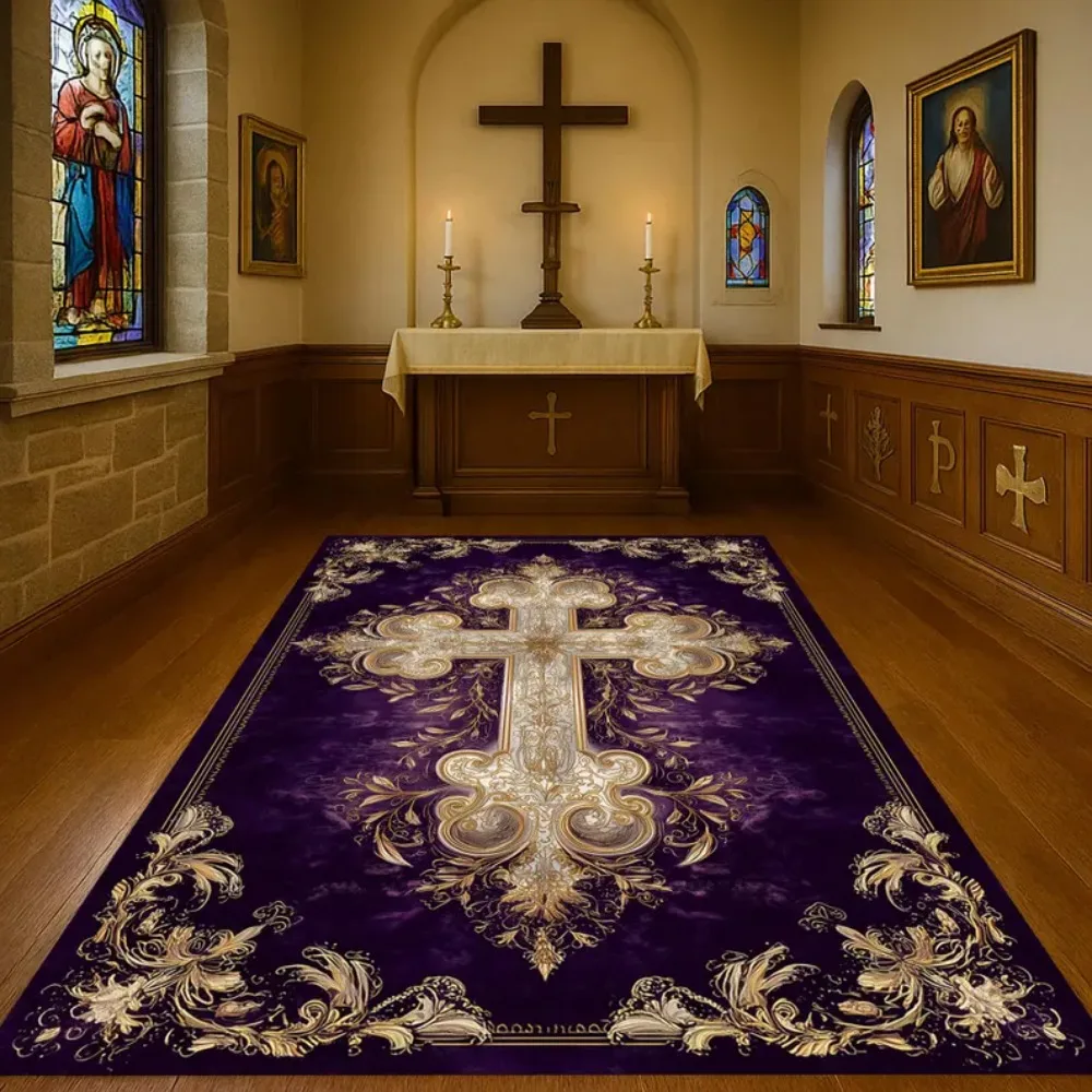 Church Cross Carpet Mat Rug - Gold Pattern Purple Black Floor Decor for Sacred Space Home Decoration Living Room Decoration