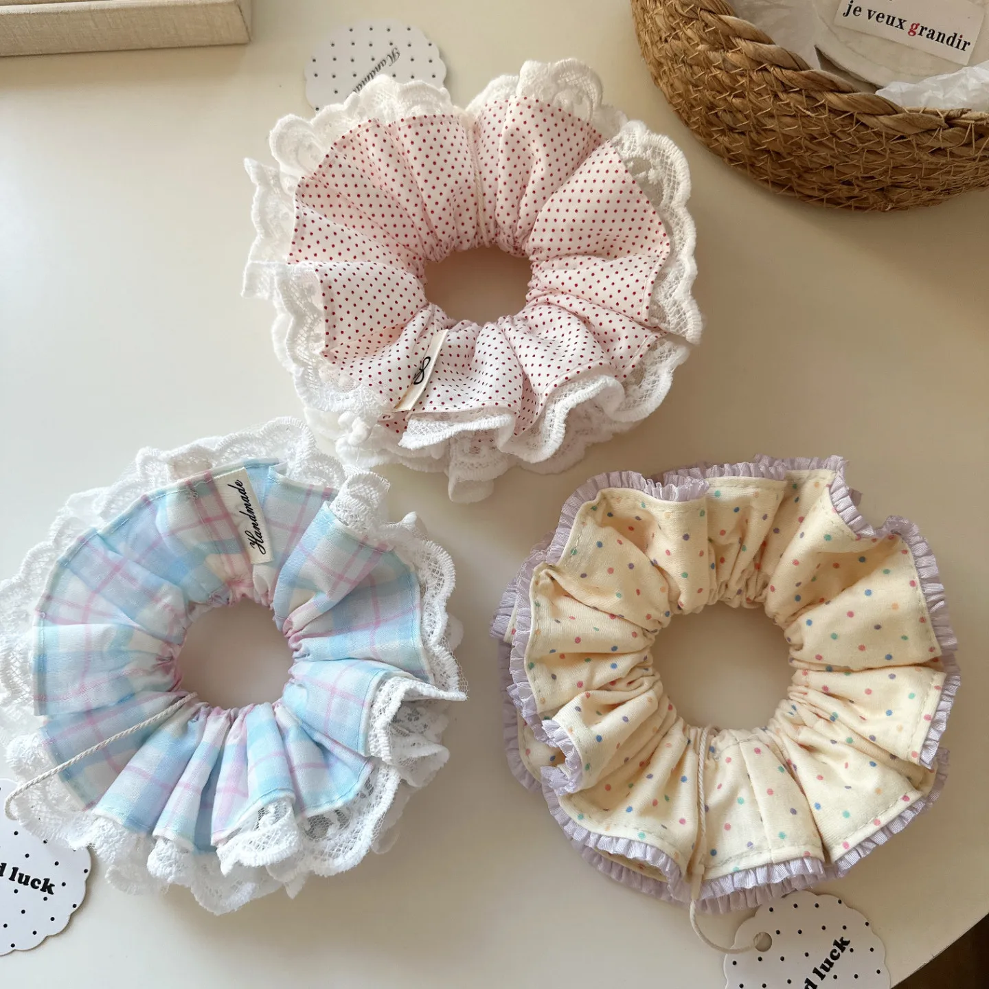 Premium Multilayer Lace Scrunchie Polka Dot Plaid Hair Tie for Messy Bun Korean New Style Elegant Lightweight Hair Tools