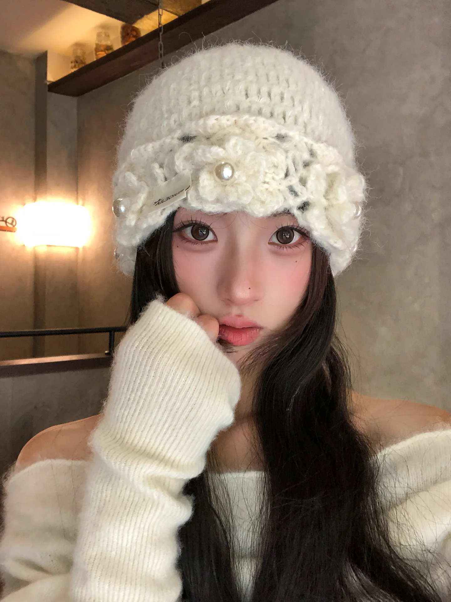 Hand Knitted Pearl Tassel Warm Woolen Hat Women's Autumn Winter New Style Photo Atmosphere Small Face Effect Knitwear Cap