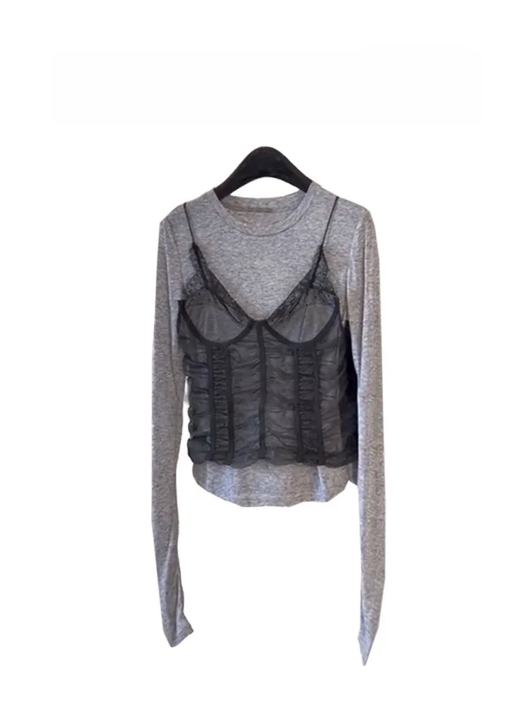 

Spring New ey Slim Fit ort V-Ne Lace Csole Tank Top Base irt Two-Piece Set Women's Outerwear Cotton Long Sve