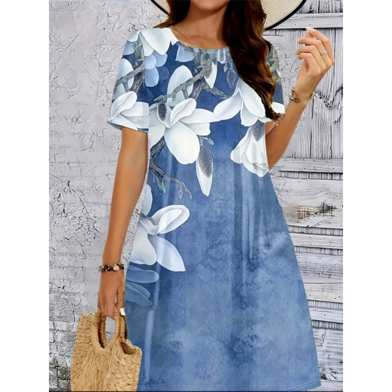欧米風クロスボーダーレディースワンピース春夏新作花柄プリントラウンドネック細身カジュアルロングワンピース