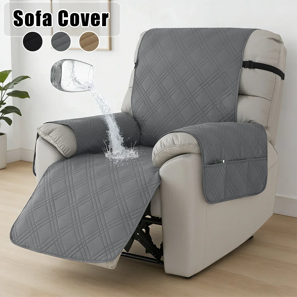 Water Repellent Recliner Sofa Cover Quilted Solid Color Armchair Slipover with Side Pocket Non-Slip Straps Chair Protector 1pc