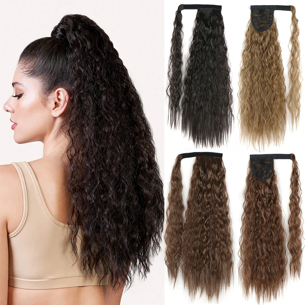 Synthetic Corn Wavy Long Ponytail Hairpiece Wrap on Clip Hair Extensions Ombre Brown Pony Tail Blonde Fack Hair