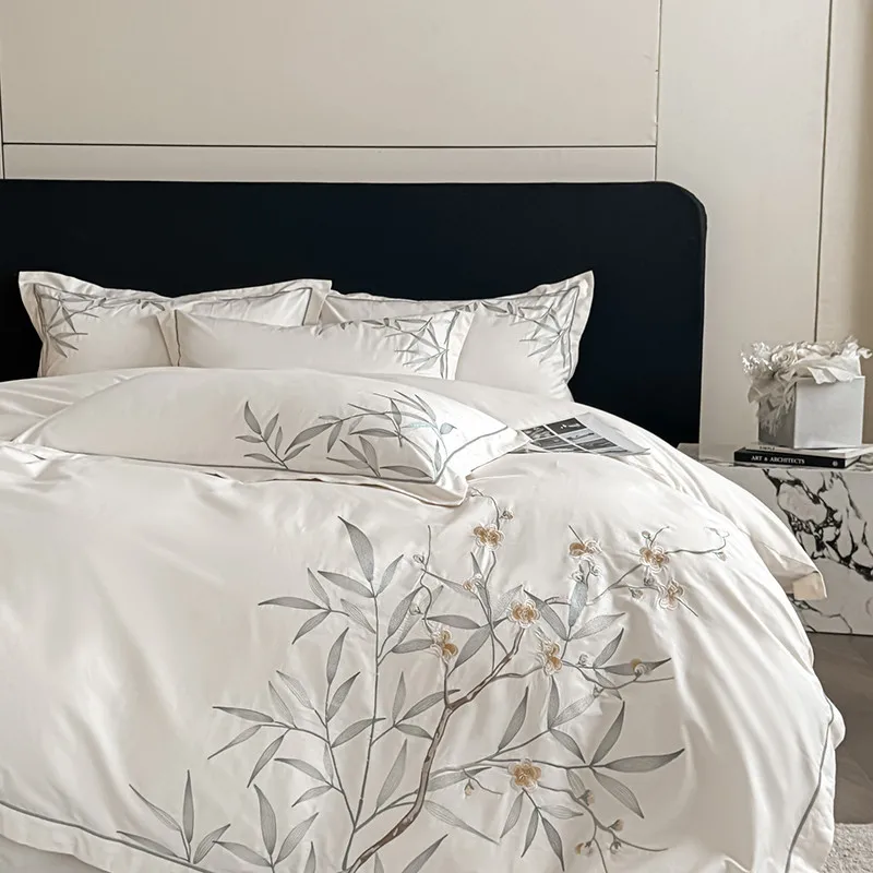 100% Cotton Bedding Set Luxury Bamboo Embroidery Soft Duvet Cover Set With Pillowcases Flat/Fitted Bed Sheet for Queen King Size