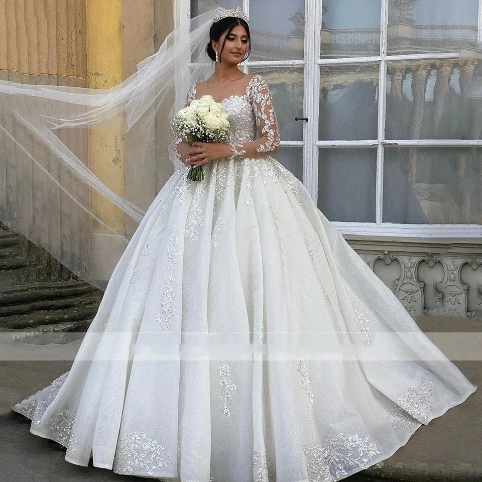

Customzie Glitter Long Sleeves Ball Gown Wedding Dresses Princess O-Neck Chapel Train Women Bride Gown Vestido De Novia