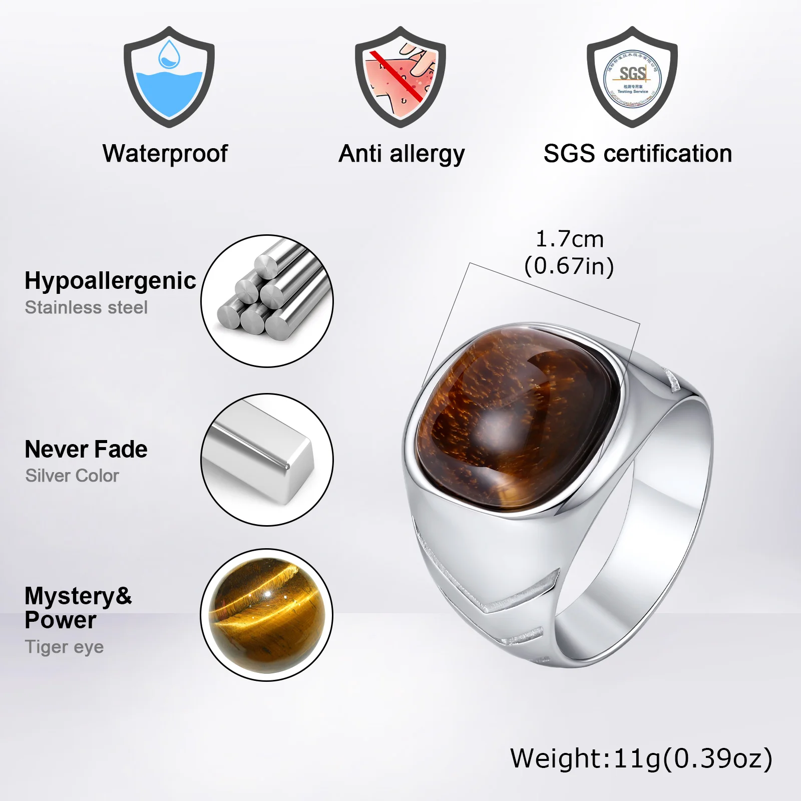 Tigerauge-Steinring für Männer und Jungen, Edelstahl-Naturstein-Quadratring, Lässiger Punk-Schmuck, Geschenk für Vater und Sohn – Detail 1