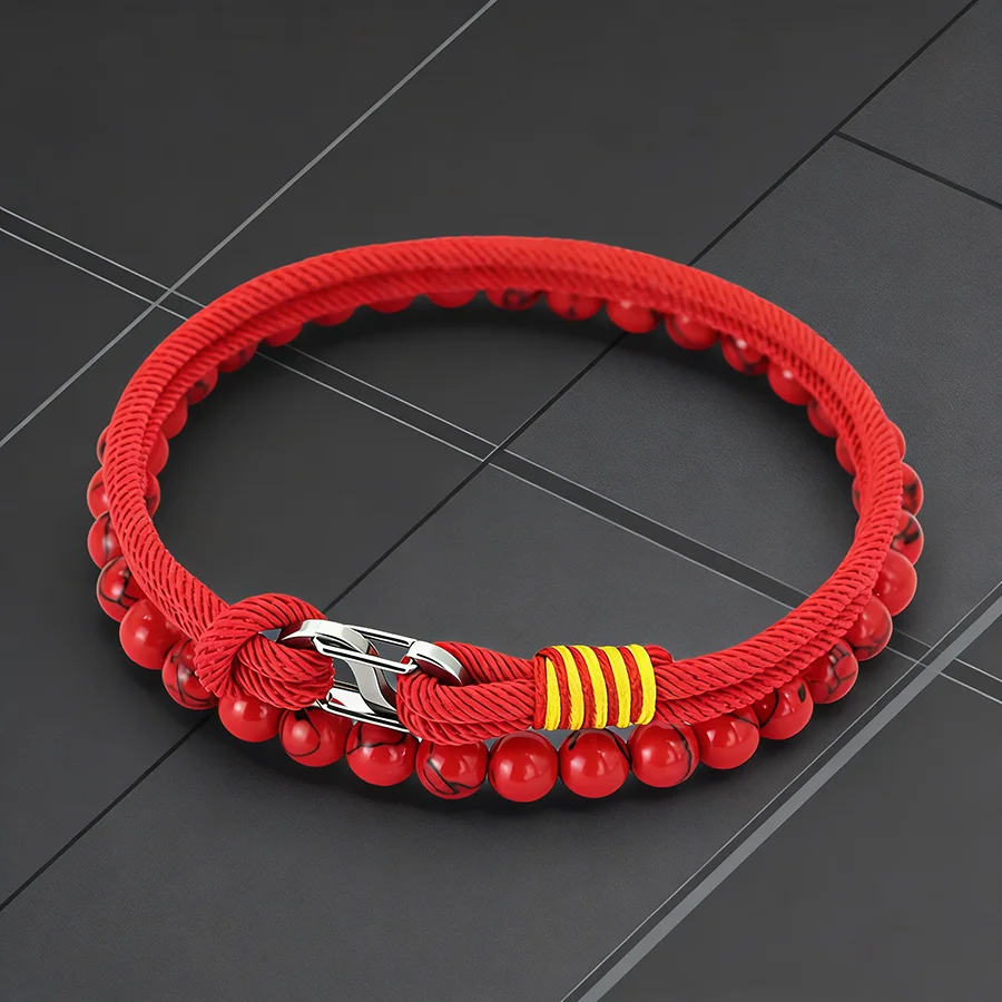 Ensemble de 2 bracelets porte-bonheur rouges pour homme, perles de pierre de 6 mm, bracelet en nylon fait à la main, cadeau de la Saint-Valentin pour mari, bijoux