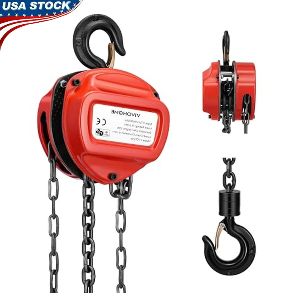 3 Ton Red Mini Chain Hoist 6600Lbs Heavy Duty Pulley G80 Manganese Steel Manual Fall Premium Material Excellent Capacity