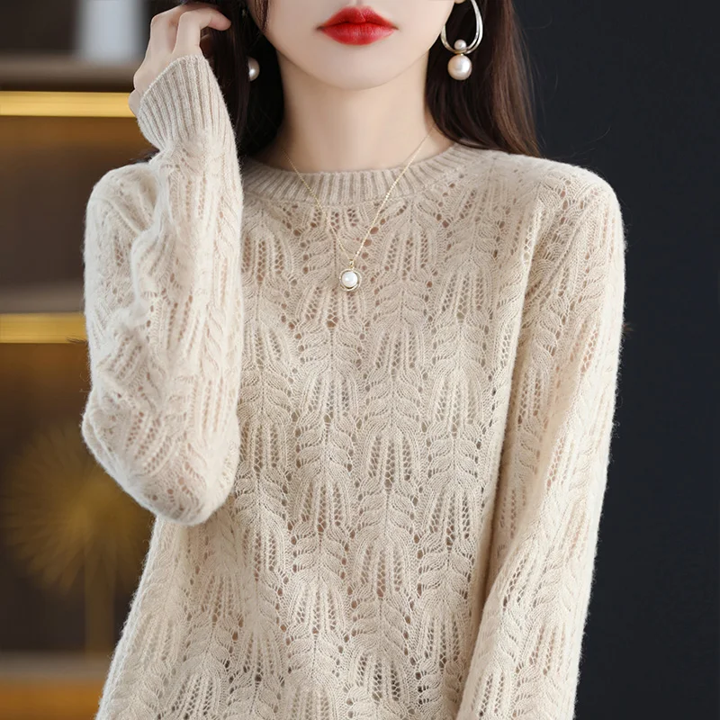 Spring/Autumn New Fashion Crocheted Hollow Top Women\'s Pure Wool Knitted Sweater Round Neck Loose Phoenix Flower Knit Pullover