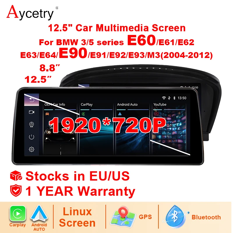 Autoradio Aycetry con sistema Linux, schermo da 12,5" e Android Auto, Carplay wireless, stereo per BMW Serie 3/5 E60 E61 E63 E64 E90 E91 M3 CIC CCC AUX 2004-2012, navigazione Bluetooth, Airplay,