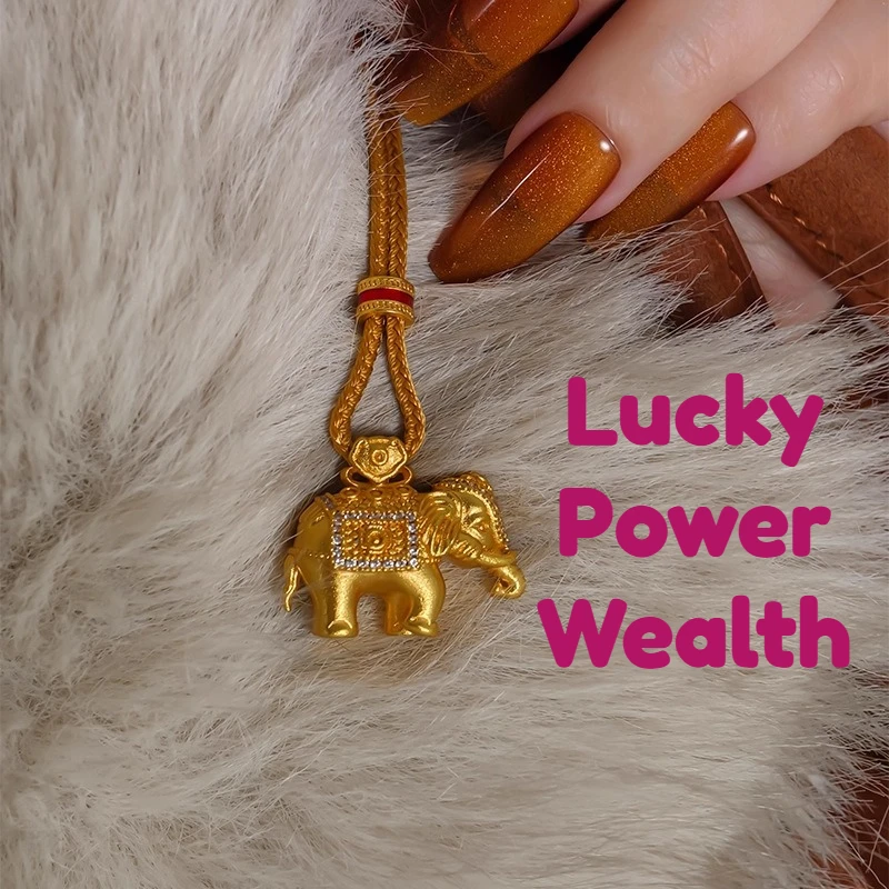 Placer Gold Elephant Long Pendant Women's Man's Sweater Chain  Power Wealth Meditation Jewelry Necklaces Peace Fortune Amulet