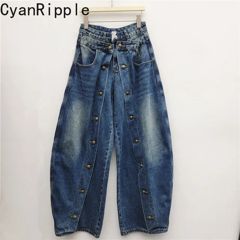 American Street Double Placket Button New Autumn Straight Denim Pants Women All-match High Waist Floor-length Wide Leg Jeans