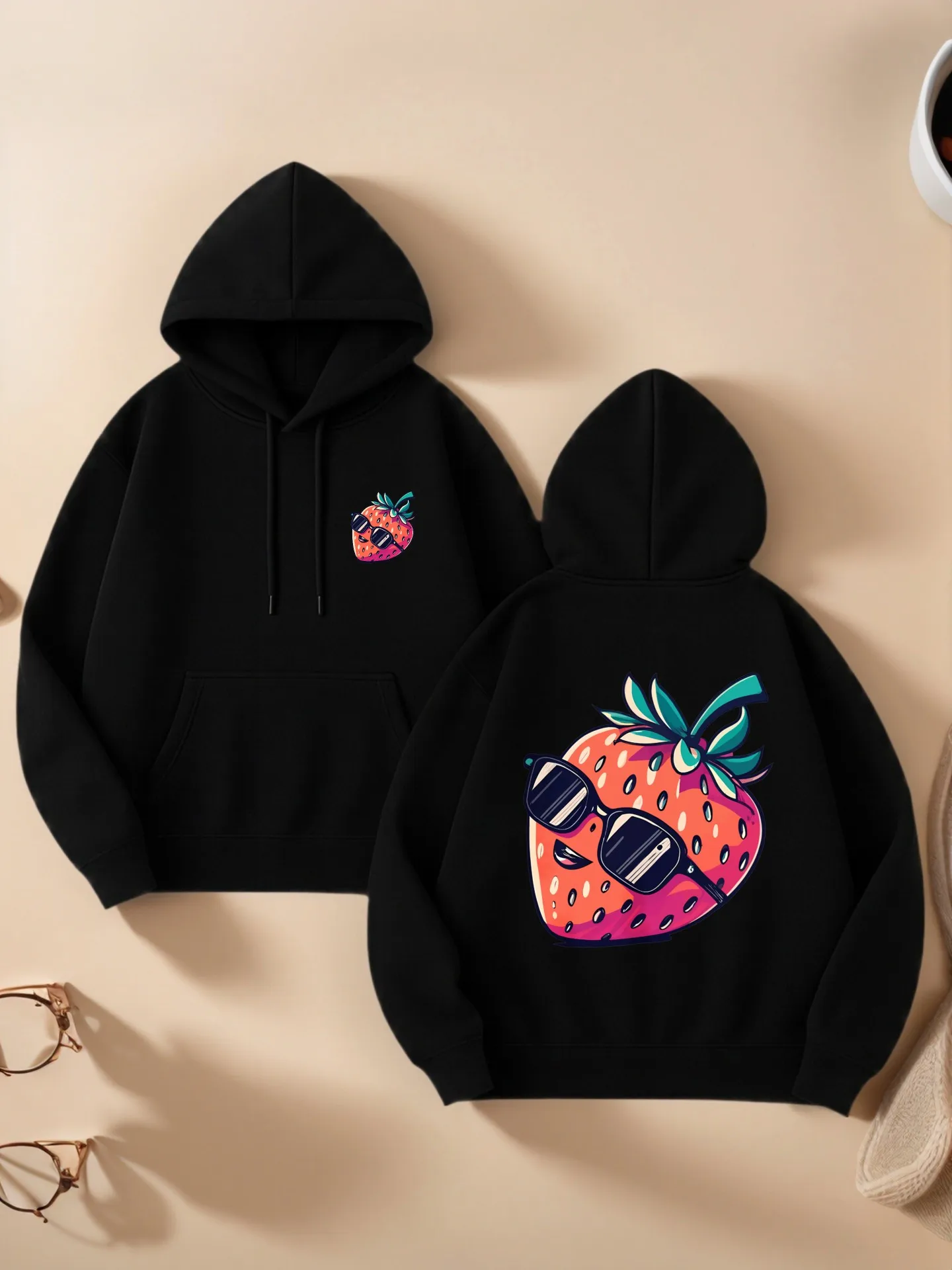 

Женская толстовка с рисунком, клубничный мультяшный принт, повседневная эстетика, мягкая ткань, повседневная повседневная одежда, для подростков