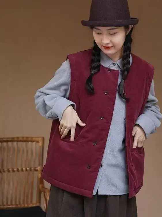 

Аутентичный вельветовый хлопковый жилет фиолетового сливового цвета, художественный Sle Thiened, зимнее новое поступление, женский деловой повседневный модный жилет