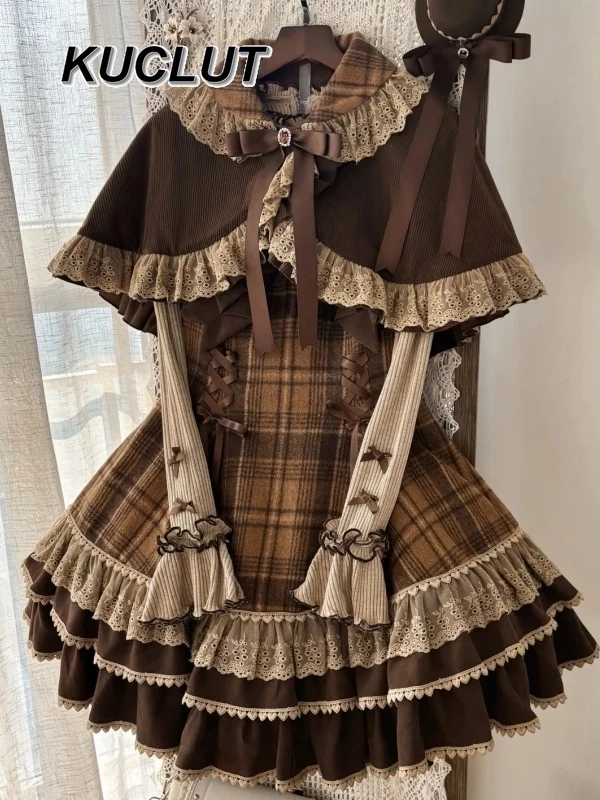 Dames 2-delige sets herfst winter lief meisje lolita stijl basisshirt vintage geruite band jurk cape jas set voor meisje