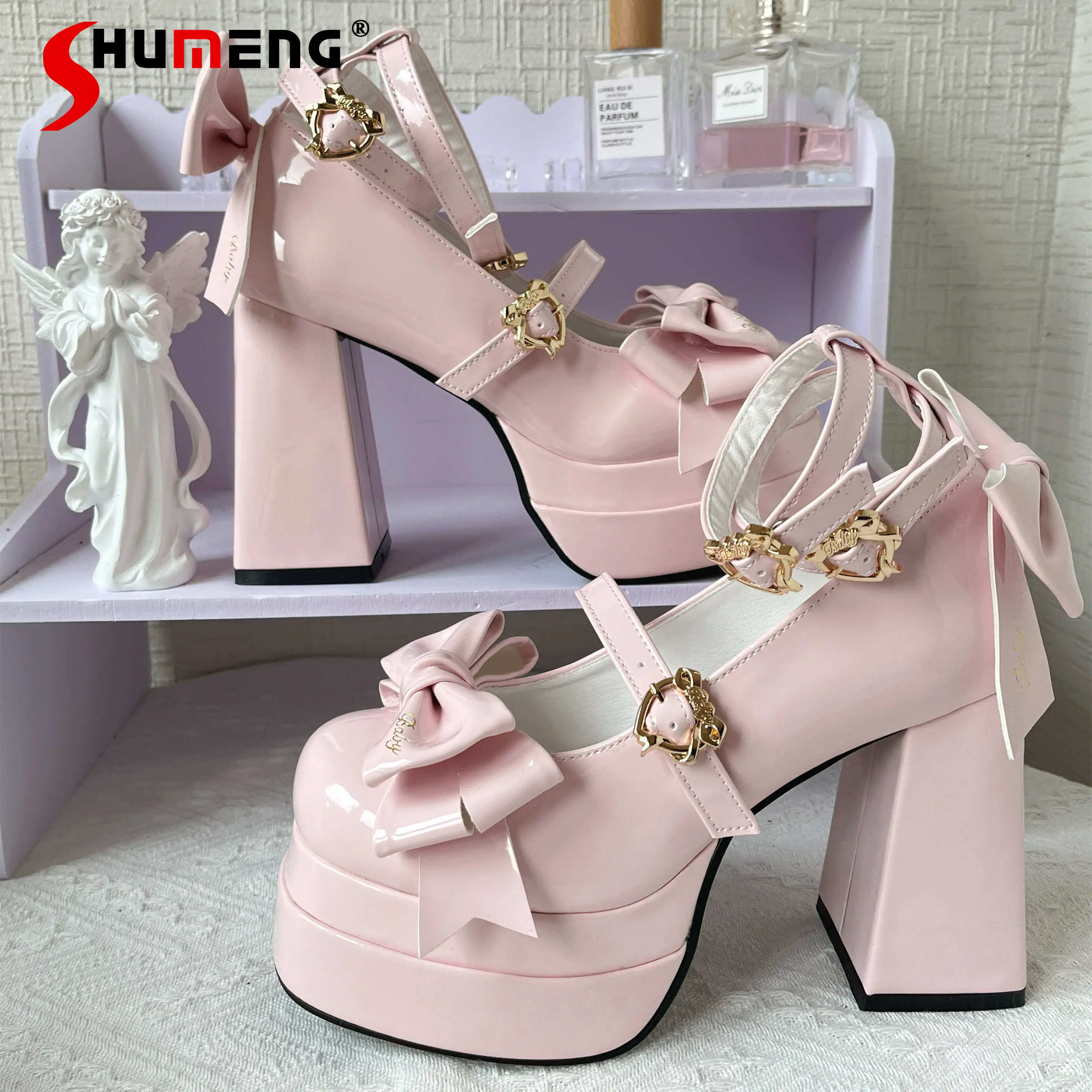 

Original Japanese Style Elegant Sweet Ballet Lolita High Heels 3D Bow Heart Buckle Mary Jane Shoes Women's High Heeled Pumps