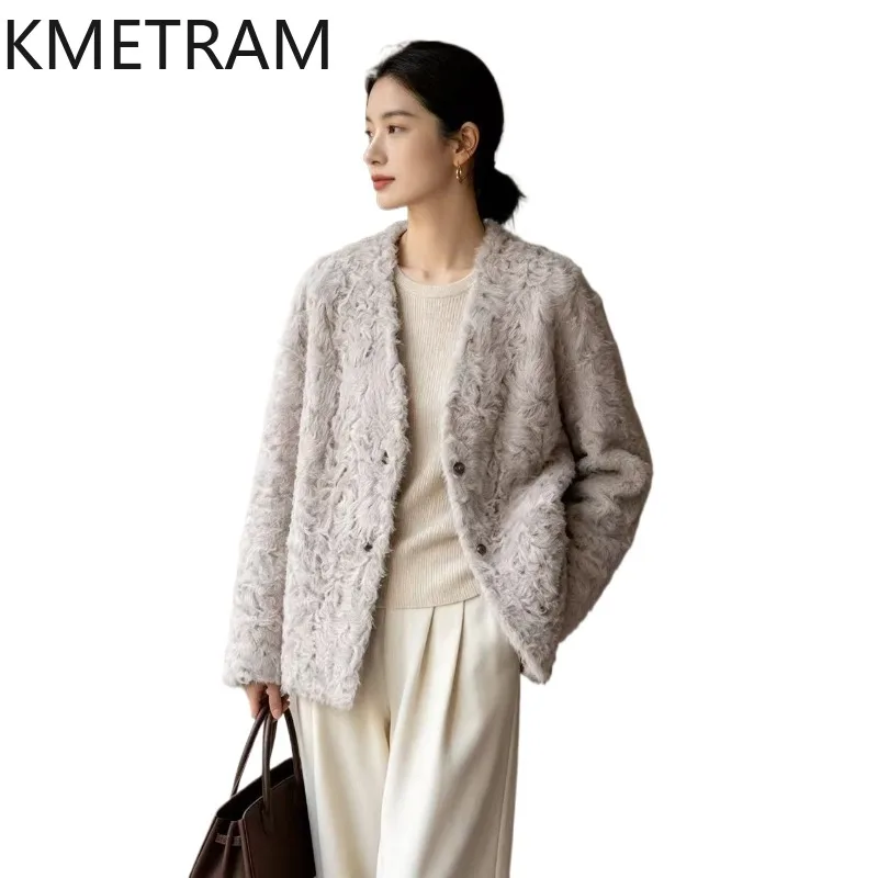 KMETRAM High Quality 100% Xiaohu Sheep Shearling Fur Coat Woman Reversible Outerwear Cropped Fur Jacket Women Winter Coats Шуба