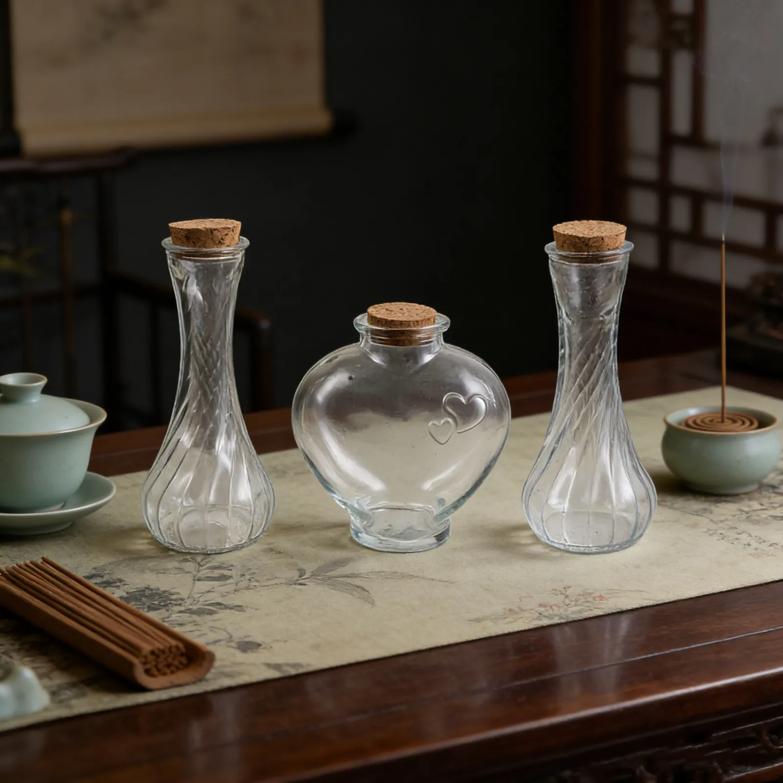 3 Pcs Bouteilles en Verre Transparent en Forme de Cœur avec Couvercles en Liège pour Mariage, Cérémonie d'Union, Souvenir Décoratif, Rangement de Souvenirs de Lune de Miel