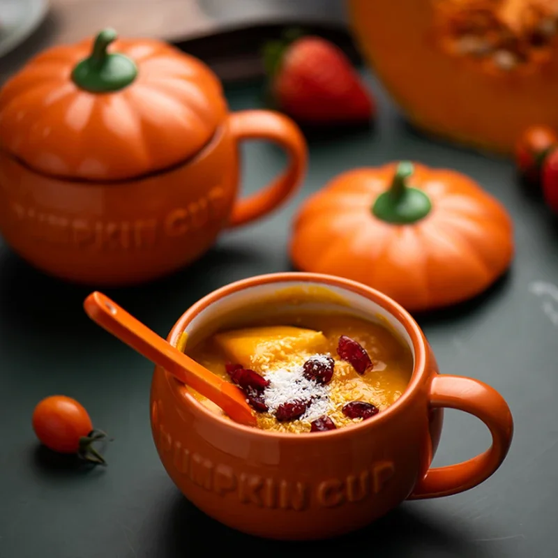 300/500/800ml Pumpkin Coffee Mugs Ceramic Milk Cup With Lid Breakfast Oatmeal Yogurt Mug Funny Halloween Gifts For Kids