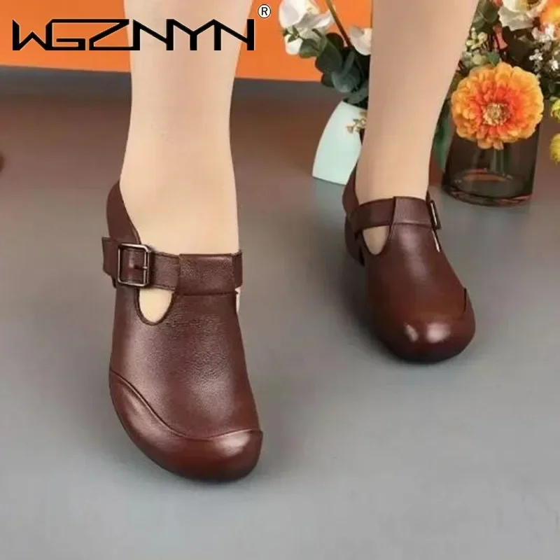 Fashion Handmade Retro Style Women Platform Shoes Summer Autumn Genuine PU Leather Wedges Heel Shallow Casual High Heels Shoes