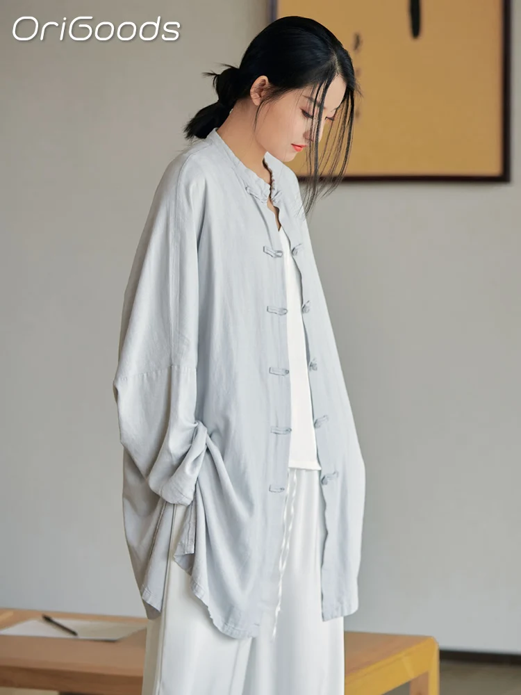 OriGoods Oversized Shirt Women Solid Red Black White Linen Shirts Oversized Chinese Japan Zen Style Long Shirt Blusas Tops B010