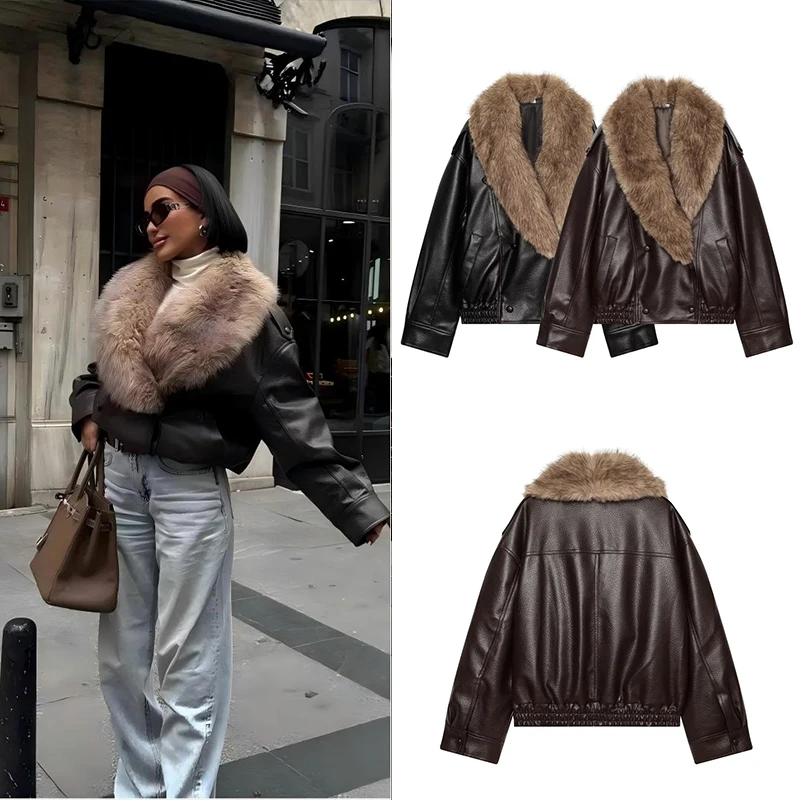 Guobioziy Women's Leather Jacket 2026 Autumn and Winter New Style Large Fur Collar Turn-Down Collar Faux Leather Short Coat
